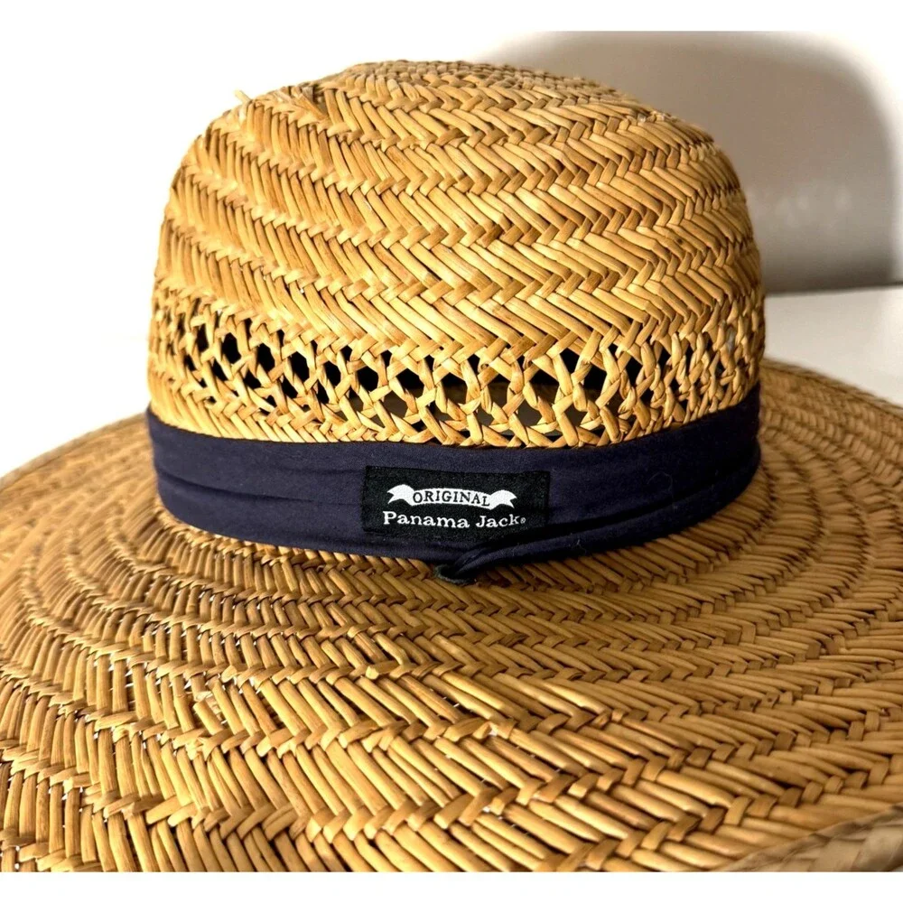 Panama Jack Straw Sun Hat Wide Brim Beach Lifeguard Hat Chin Strap Size Medium